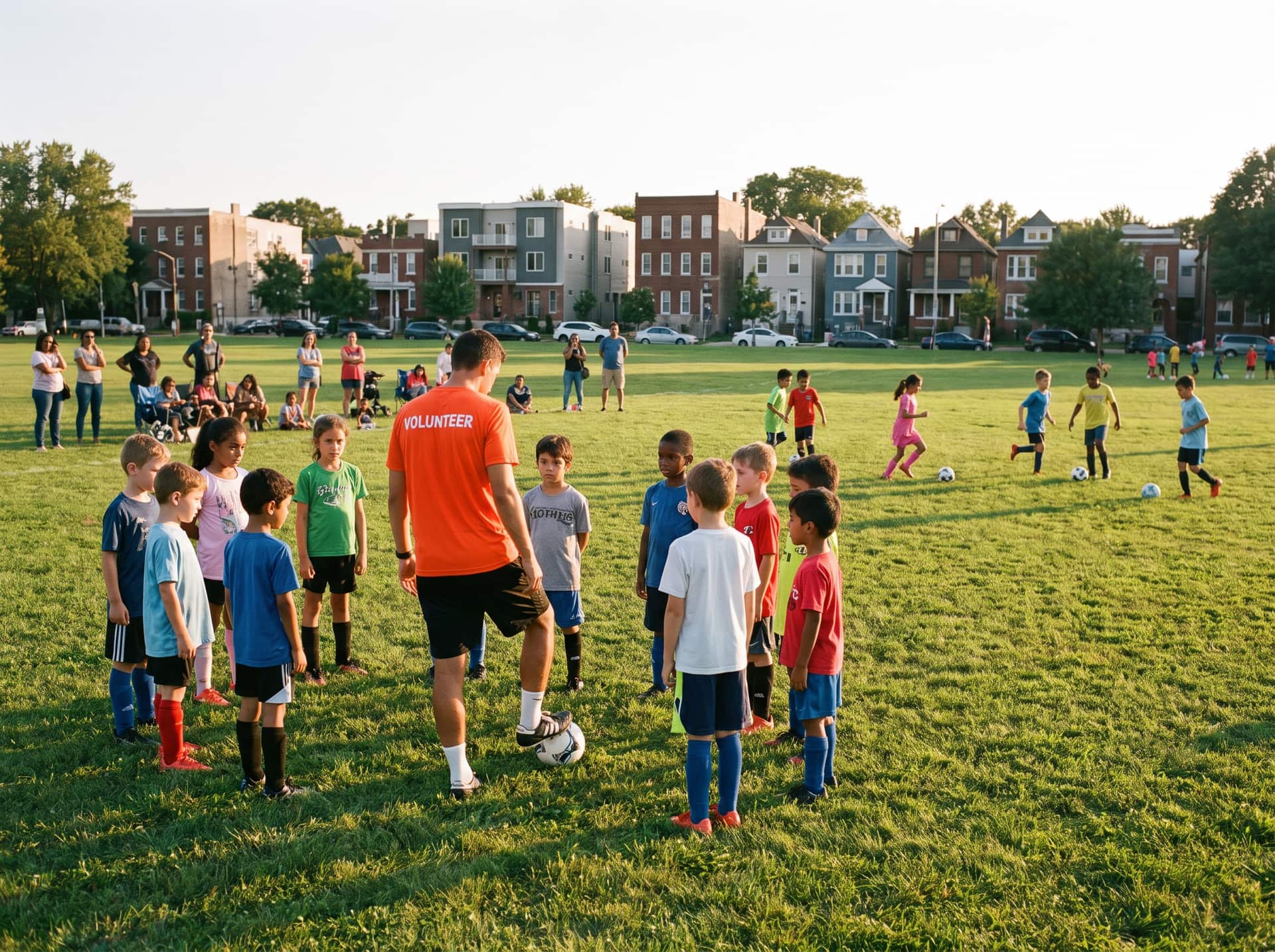 A volunteer with a ball at his feet and a circle of children around him on a park field