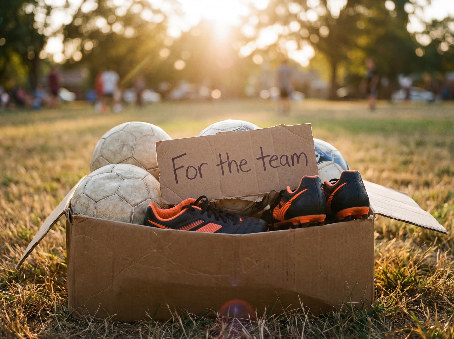 A cardboard box of footballs and boots on a park pitch, a handwritten sign in it reading For the team