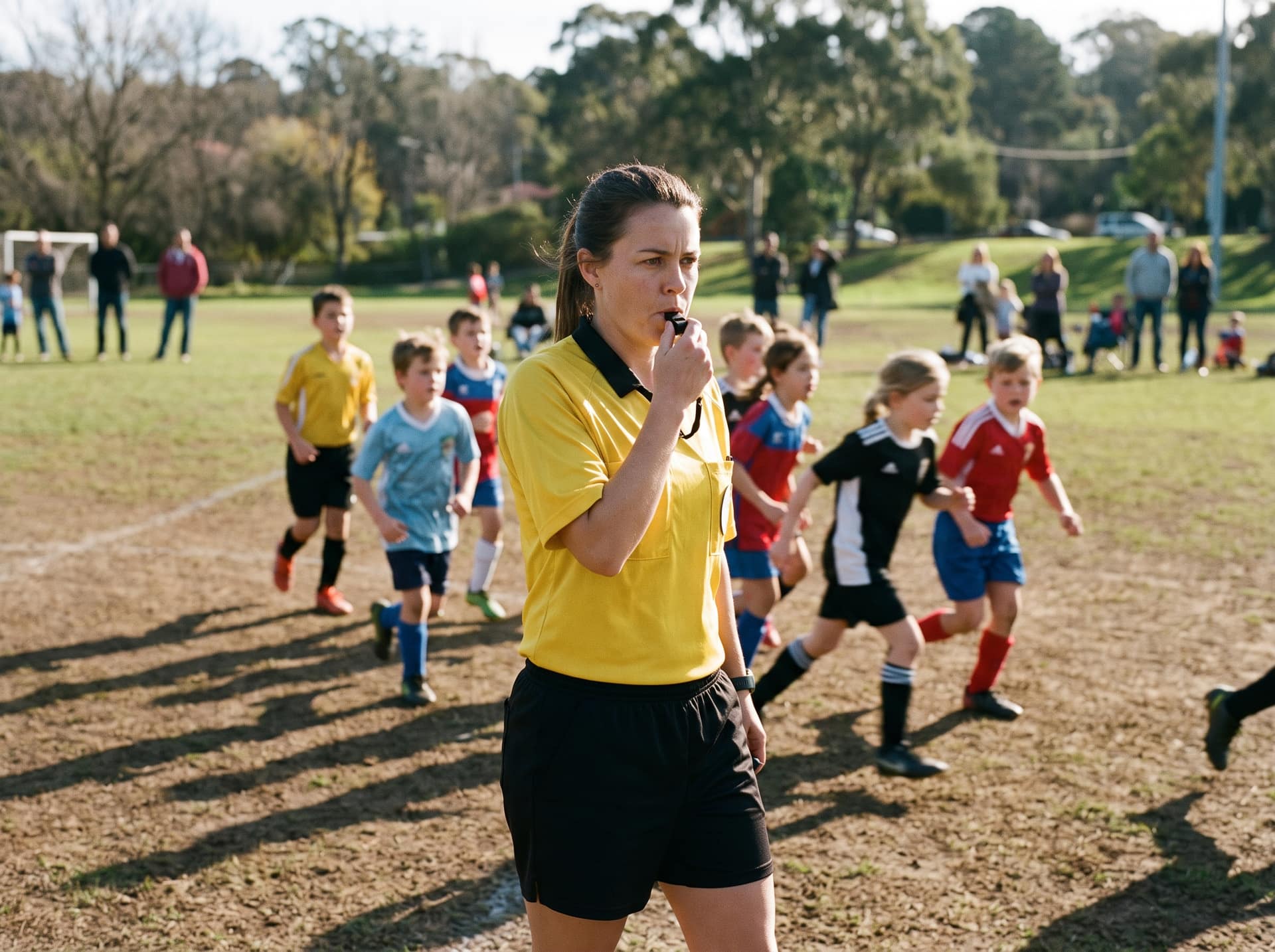A referee blowing her whistle as a children's match runs on behind her