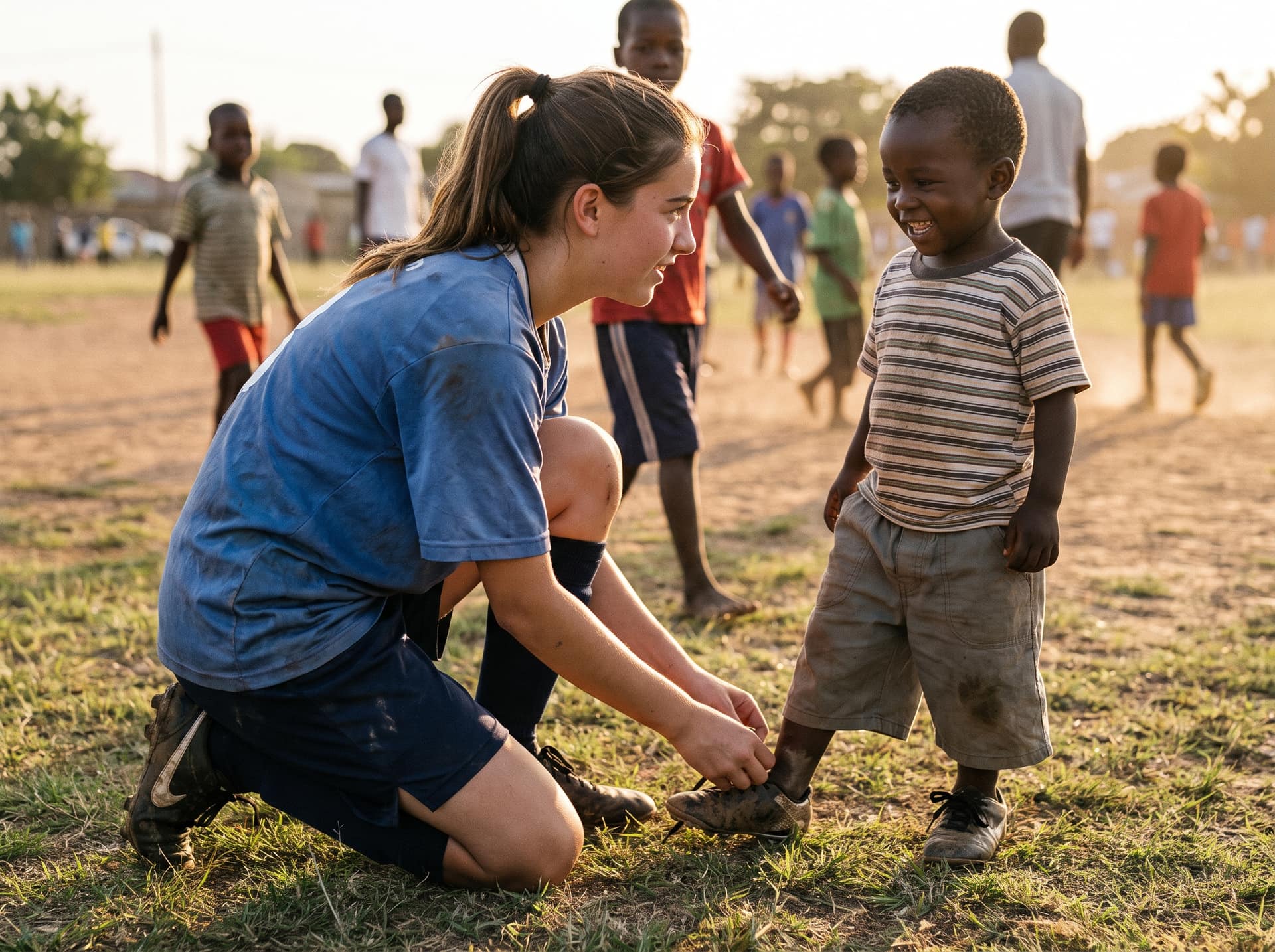A young player kneeling to tie a small boy's boot on a dirt pitch while other children play behind them